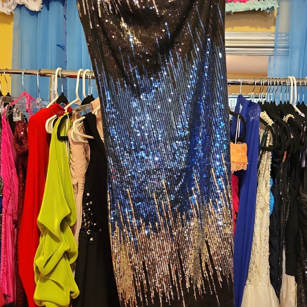 B Darlin Black and Blue Sequin Maxi Dress